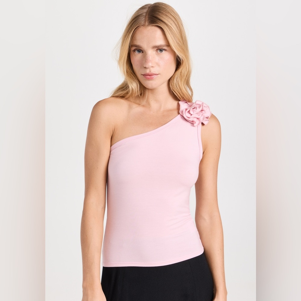 Reformation Camellia Pink One-Shoulder Top with Floral Accent